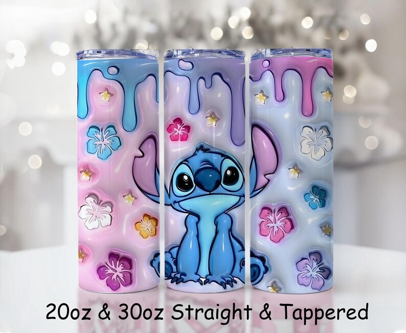 May include: Three stainless steel tumblers with a colorful design featuring the character Stitch from Lilo & Stitch. The tumblers have a pink, blue, and purple color scheme with floral and star accents. The text "20oz & 30oz Straight & Tapered" is at the bottom.