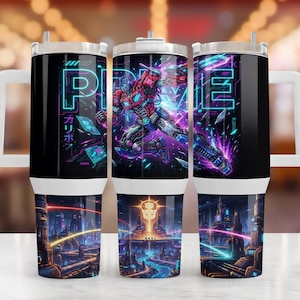 May include: A cylindrical tumbler with a handle and lid featuring a graphic of a red and blue robot in a dynamic pose against a dark background with the text PRIME and Japanese characters. The lower section displays a futuristic city landscape.