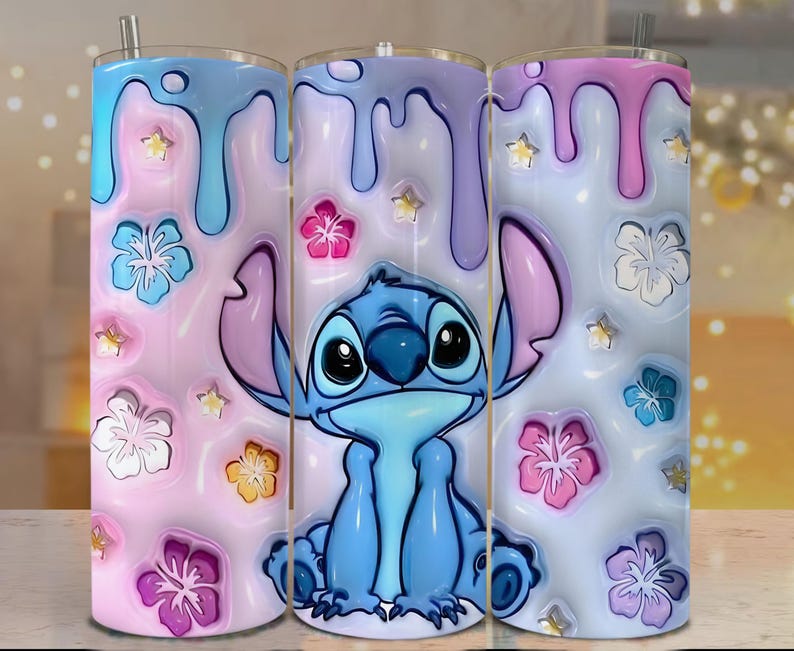 May include: A stainless steel tumbler featuring a cartoon character, Stitch, with a blue and pink color scheme. The design includes dripping paint and floral accents. The tumbler has a straw and is designed for cold beverages.