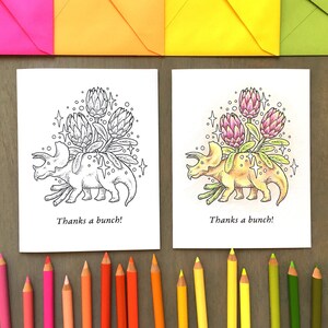 Biglietto dinosauro stampabile/colorazione dinosauro/biglietti di ringraziamento/biglietto d'auguri triceratopo/dinosauro fiore/colora le tue carte