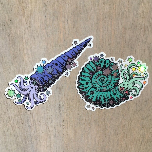 Set of 2 Holographic Vinyl Stickers | Starry Ammonite and Starry Nautiloid | Invertebrate Sticker | Color with Holographic Details