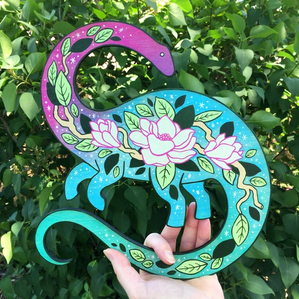 Magnolia Apatosaurus Wall Hanging || Boho Dino Original Art || Dinosaur Botanical Illustration