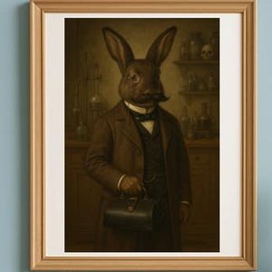 Victorian Rabbit Doctor Wall Art - Anthropomorphic Animal Portrait- Printable Vintage Medical Decor- Digital Download Artwork