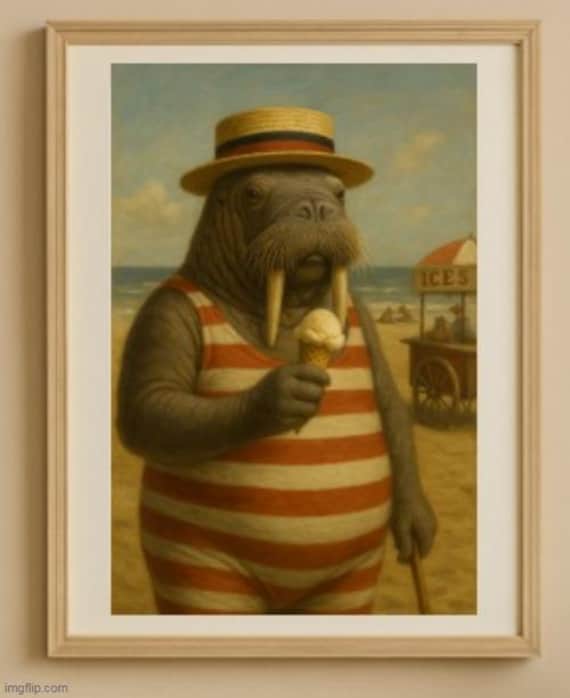 Walrus Beach Wall Art – Victorian Animal in Bathing Suit Eating
