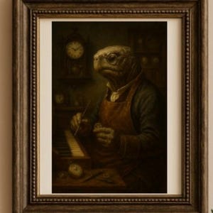 Peut inclure: Œuvre encadrée représentant une figure ressemblant à une tortue portant des lunettes et un tablier, travaillant sur une horloge. L'œuvre d'art a une esthétique vintage, avec une palette de couleurs sombres et un cadre en bois. Une horloge est visible en arrière-plan.