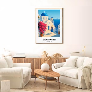 Poster di viaggio / Stampa artistica da parete di Santorini / Poster della città di Blue Dome / Opera d'arte dell'isola greca / Formato cornice IKEA
