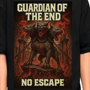 Puede incluir: Camiseta negra con una ilustración de un perro de tres cabezas, el texto "GUARDIAN OF THE END" arriba y "NO ESCAPE" abajo. La ilustración utiliza rojo, negro y gris, mostrando una bestia encadenada y feroz.