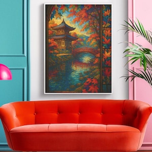 Japanese Wall Art Poster - Kyoto Temple Autumn Leaves, Stained Glass Style Print, High Detail Japan Decor Gift (Rolled) | Otanuka