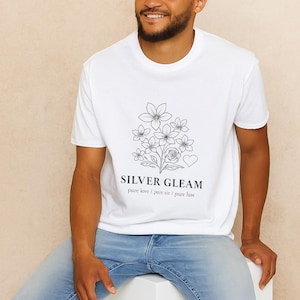 Camiseta unisex con diseño de flores botánicas de AI Design: camiseta con arte lineal plateado brillante