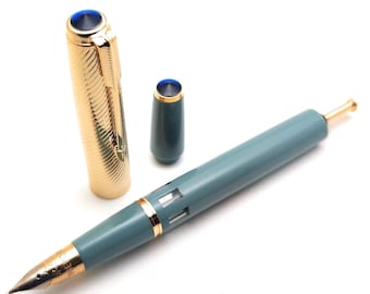 Wing Sung 601A Fountain Pen, Sky Blue Twill, Golden Cap, Fine Nib