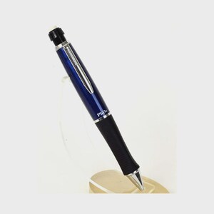 May include: A blue and silver pen with a black rubber grip and a white eraser. The pen has the word "PhD" printed on it. The pen is displayed on a clear plastic stand.
