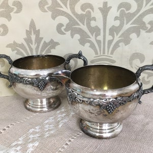 Vintage Silver Plate  Sugar Bowl and Creamer Set Lipman Bros Old English Reproduction Grape Vine