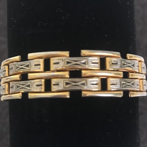 Vintage Spanish Toledo Damascene Link Bracelet Gold and Silver Inlaid Oxidized Steel