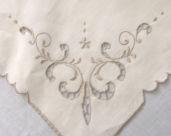Vintage Madeira Embroidered Cut Work Punto Tagliato Cream Linen Tablecloth 40" Square and Napkins