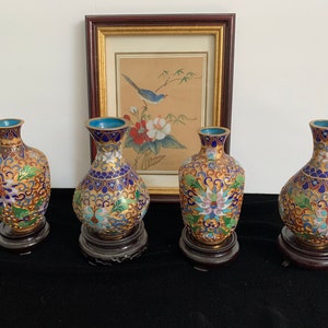 Vintage Set Chinese Mini Vases Cloisonné Champlevé Enamel with Wood Stands