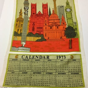 Vintage 1973 London Calendar Linen Tea Towel Souvenir Wall Hanging Nostalgic Kitchen Anniversary Housewarming Birthday Gift
