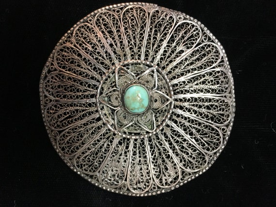 Antique 1830s Silver Wire Cannetille Brooch Turqu… - image 1