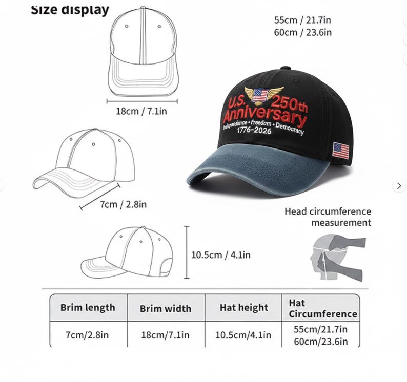 May include: Black baseball cap with a blue brim, featuring the text "U.S. 250th Anniversary 1776-2026" and an American flag. The hat's circumference is 21.7-23.6 inches. Brim length is 2.8 inches, brim width is 7.1 inches, and hat height is 4.1 inches.