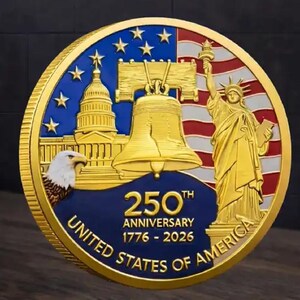 Pu&ograve; includere: Una moneta commemorativa color oro che celebra il 250&deg; anniversario degli Stati Uniti d'America. La moneta raffigura il Campidoglio, la Campana della Libert&agrave;, la Statua della Libert&agrave; e un'aquila. Il testo della moneta recita "250th Anniversary 1776-2026".