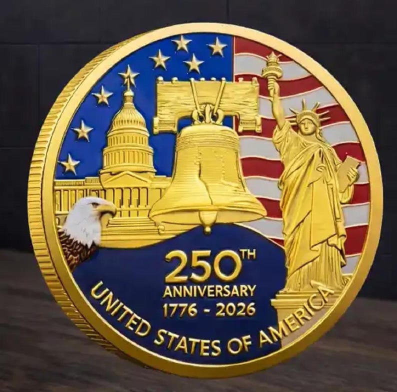 Pu&ograve; includere: Una moneta commemorativa color oro che celebra il 250&deg; anniversario degli Stati Uniti d'America. La moneta raffigura il Campidoglio, la Campana della Libert&agrave;, la Statua della Libert&agrave; e un'aquila. Il testo della moneta recita "250th Anniversary 1776-2026".