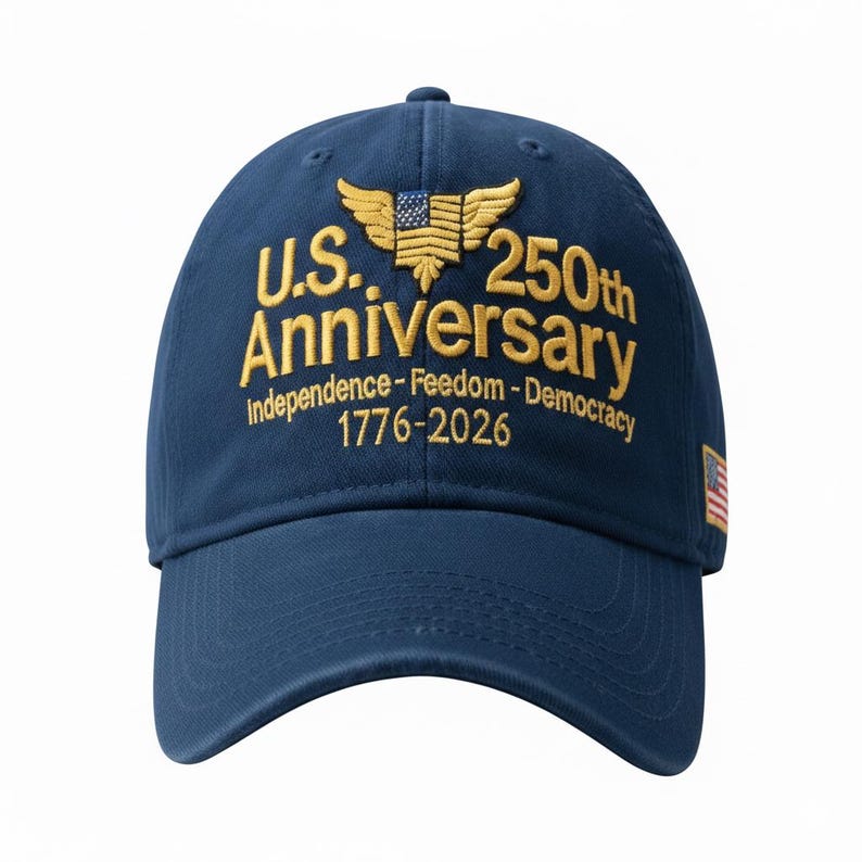 May include: Navy blue baseball cap embroidered with gold text and a gold emblem. The text reads "U.S. 250th Anniversary" with the years 1776-2026. A small American flag is on the side.