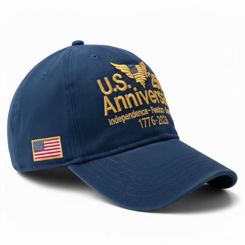 May include: A navy blue baseball cap with gold embroidered text and a small American flag patch. The text reads "U.S. Anniversary" with "Independence-Freedom" and the years "1776-2026" below. The cap features a curved brim.