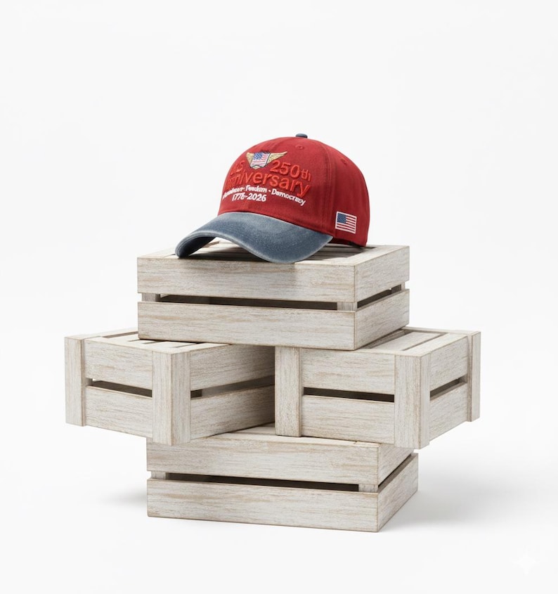 May include: A red and blue baseball cap with the text "250th Anniversary" and an American flag patch. The hat is displayed on a stack of four white wooden crates.