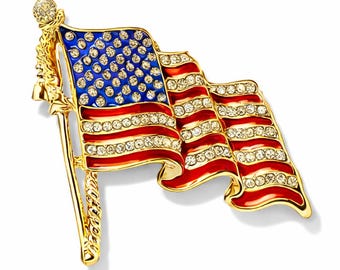 American Flag Lapel Pin – Gold Rhinestone Patriotic Brooch USA Unisex