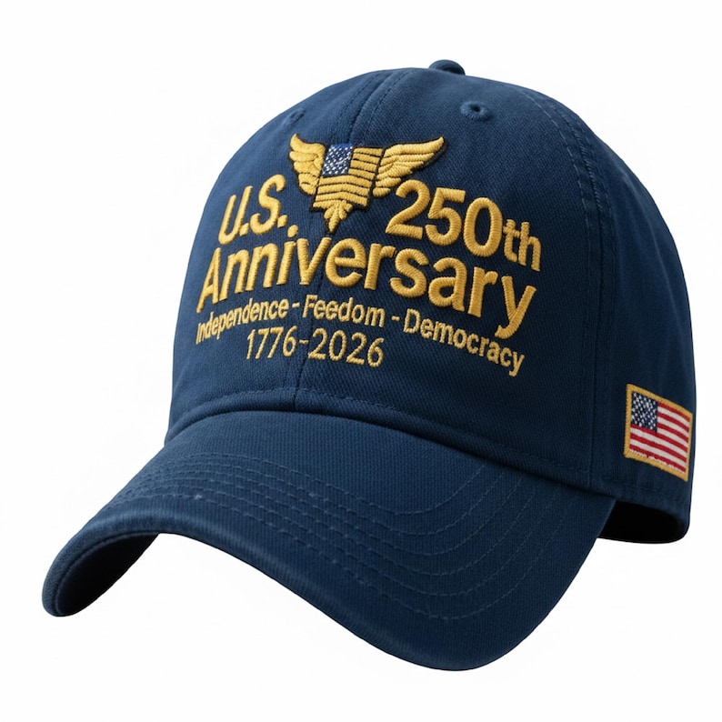 May include: A navy blue baseball cap embroidered with gold text and a gold emblem. The text reads "U.S. 250th Anniversary" with the years 1776-2026. A small American flag patch is on the side.