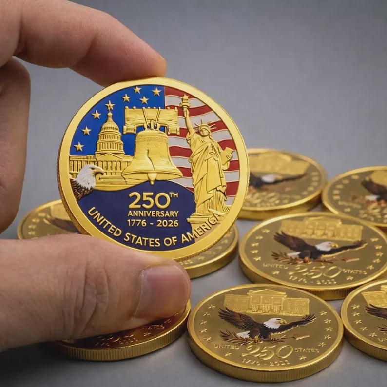 Pu&ograve; includere: Una moneta commemorativa color oro con la Statua della Libert&agrave;, la Liberty Bell e il Campidoglio. La moneta ha un bordo blu con stelle e la scritta "250th Anniversary 1776-2026 United States of America". Sono visibili altre monete con un'aquila.