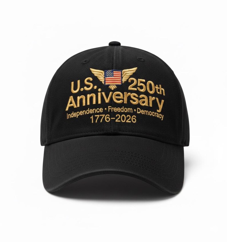 May include: Black baseball cap with gold embroidered text and a patriotic design. The text reads "U.S. 250th Anniversary" with the years 1776-2026, and includes an American flag. The cap features a curved brim and a top button.