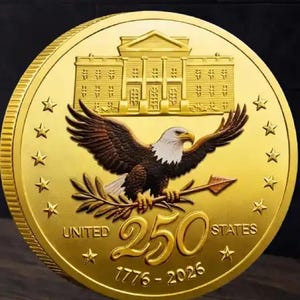 Pu&ograve; includere: Una moneta color oro con una raffigurazione dettagliata della Casa Bianca e un'aquila calva con le ali spiegate. La moneta &egrave; incisa con "UNITED STATES", "250" e gli anni "1776-2026", circondata da stelle.