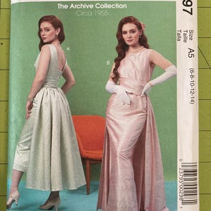 May include: McCall's sewing pattern featuring two vintage dress designs from The Archive Collection, circa 1955. The pattern includes a jumpsuit and a formal gown, with size A5 (6-8-10-12-14). The cover is green and white.