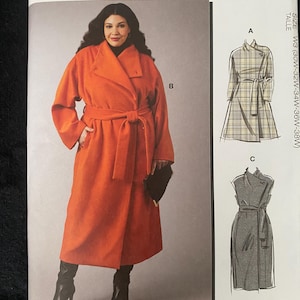 May include: McCall's sewing pattern M8439 featuring a woman wearing an orange wrap coat. The pattern includes multiple view options with simple instructions. The size is W3 (30W-32W-34W-36W-38W). Designed and printed in the USA.
