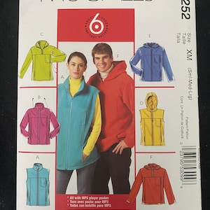 May include: McCall's M5252 sewing pattern envelope for jackets and vests in size XM. The front displays illustrations of six garment variations in lime green, magenta, blue, yellow, teal, and red, plus photos of two people wearing the designs.