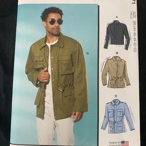 May include: McCall's sewing pattern M8371 featuring a man wearing a green jacket. The pattern includes multiple view options with simple instructions. The size is BB (44-46-48-50-52). Designed and printed in the USA.