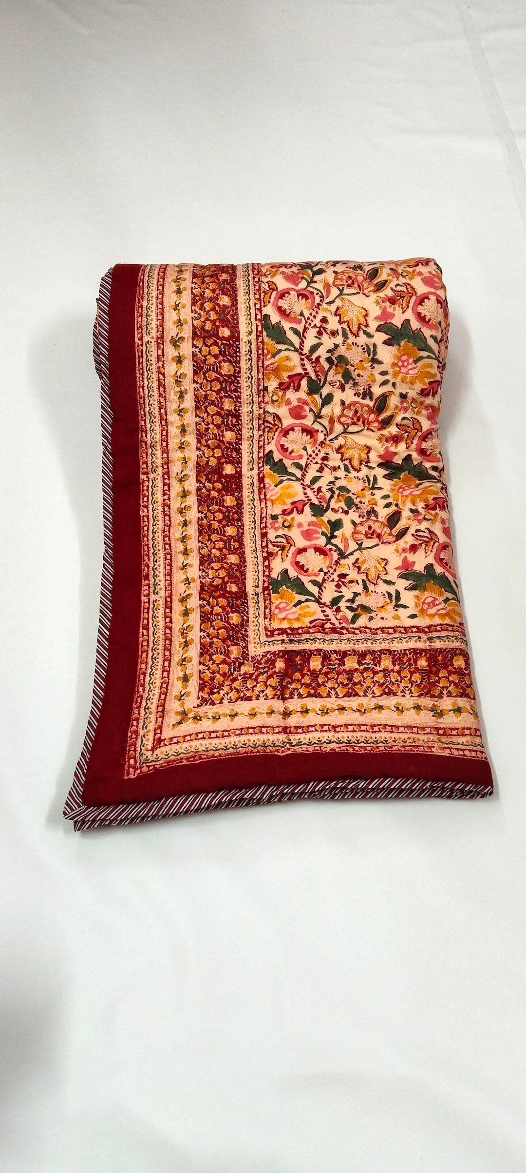 Red Razai Ruby Red & Beige Reversible Cotton Quilt, Handmade Quilted Bedspread ...