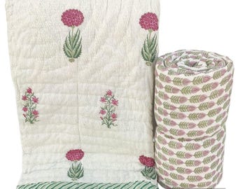 Edredón floral blanco, manta reversible de algodón, estampado artesanal con bloques de madera