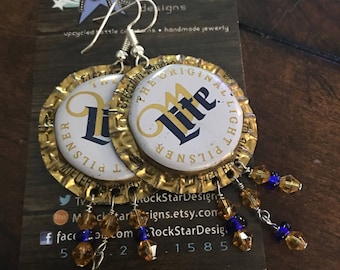 Miller lite Upcycled Earrings, beer, handmade, recycled, upcycled