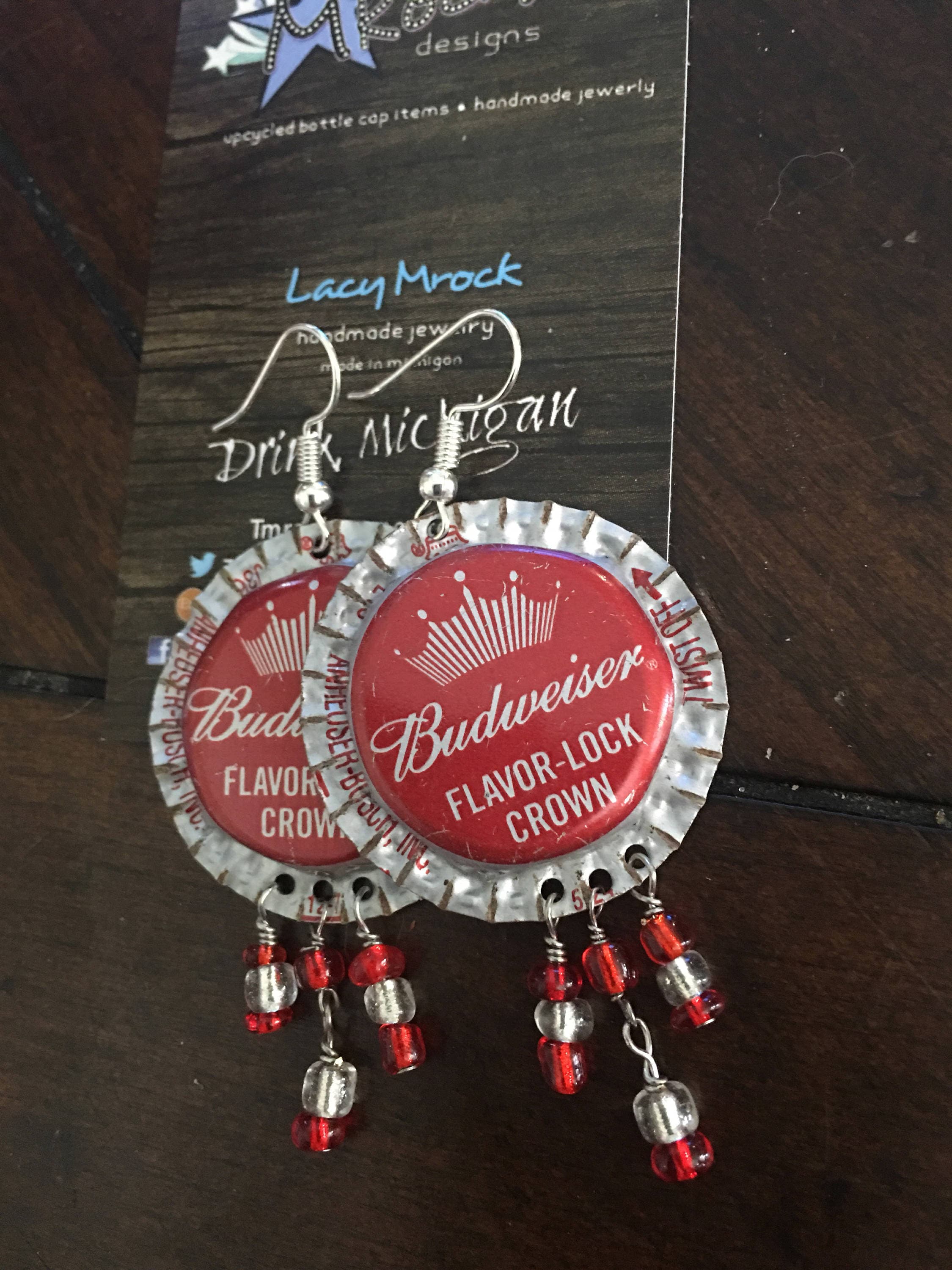 Budweiser Upcycled Bottle Cap Earrings, Handmade, Custom, Beer