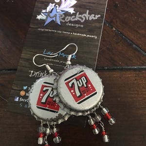 Seven up Upcycled Bottle Cap Earrings, pop, soda, handmade, recycled, upcycled, 7-Up