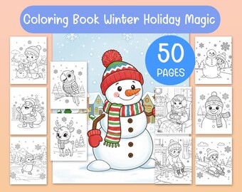 Peut inclure: Un livre de coloriage sur le thème de l'hiver avec 50 pages. La couverture présente un bonhomme de neige avec une écharpe et un chapeau rouges et verts. Le titre est "Coloring Book Winter Holiday Magic". D'autres pages présentent des scènes d'hiver.