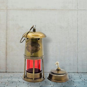 Handmade 9 Inch Vintage Style Brass Oil Lantern, Nautical Boat Design, Red Glass