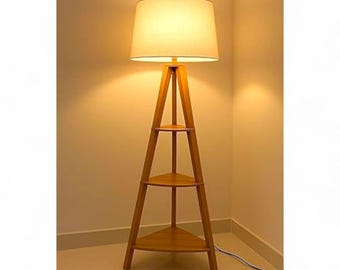 Handmade Wooden Tripod Floor Lamp with 3 Tier Shelves – Mid-Century Modern Home Decor