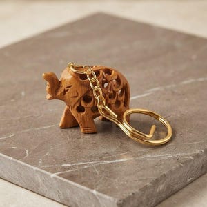 Handcrafted Wooden Elephant Keychain, Carved Wood Animal Key Ring, Lucky Elephant Charm, Ethnic Bag Accessory, Unique Gift for Him or Her