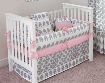 pink and gray elephant crib bedding set