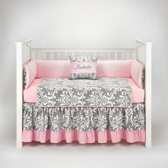 Damask Gray Pink Crib Bedding Set Crib Bedding Baby Crib Etsy