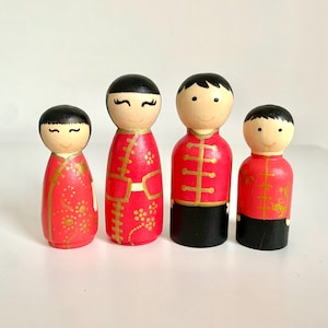 Chinese New Year Wooden Peg Doll Family Set, multicultural peg dolls, story props, small world play