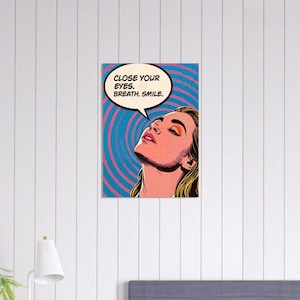 Popartposter – Sluit je ogen, adem, glimlach – Hypnose & Mindfulness wandkunst | Retro meditatiekunst van HypnoticMindsArts