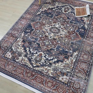 Custom Blue Heriz Style Rug, Ethnic Boho Area Carpet, Persian Inspired Handmade Look Soft Texture Vintage Style Washable Rug for Living Room